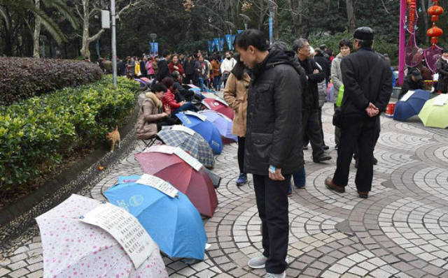 实拍公园相亲角 父母为儿女"摆摊"相亲