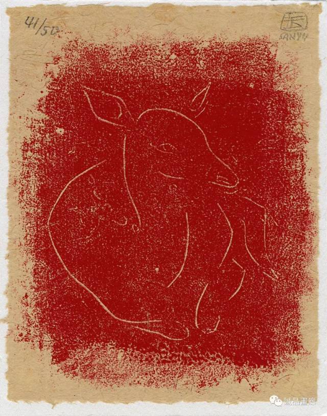 常玉,《鹿》,1930, 橡胶版画,红墨,日本纸, 18.5 x 13.8 cm