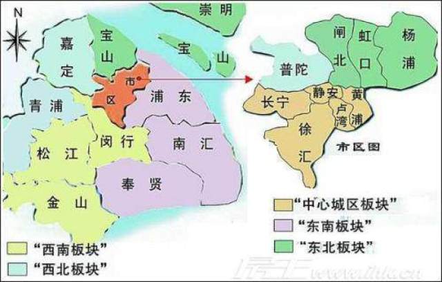 上海各区地图--上海各区排名与各区等级特征:上海市区与郊区各划分三等级