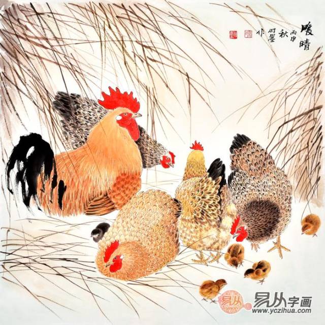 羽墨工笔斗方花鸟画公鸡图《暖晴》(作品来源:易从网)