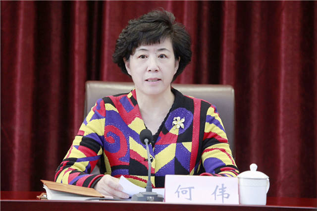 图为省政府副省长何伟主持会议.