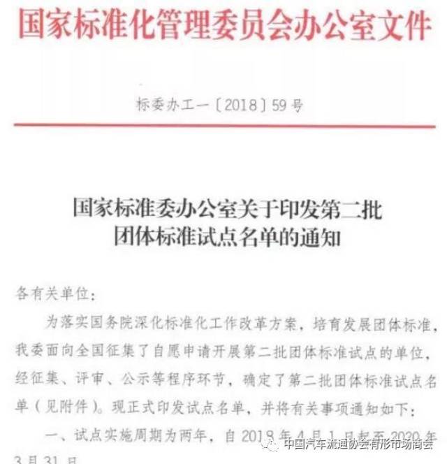 中国汽车流通协会被国家标准委批准为团体标准试点单位