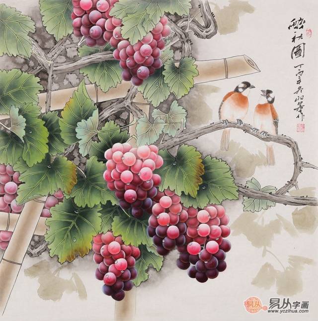 餐厅斗方花鸟挂画:葡萄寓丰收,牡丹迎富贵!