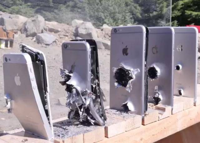 子弹卡在第5部iphone处 为了测试苹果iphone手机人造蓝宝石水晶玻璃