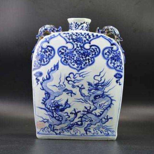 青花瓷器 龍 唐物 中国古玩 青花龙纹四系扁壶元代典型瓷器收藏精品珍贵罕见_搜狐网