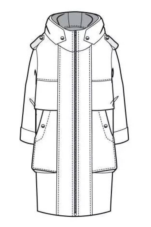 第三种平面展开款式图,服装的正背面,外轮廓线造型,内结构线与分割线