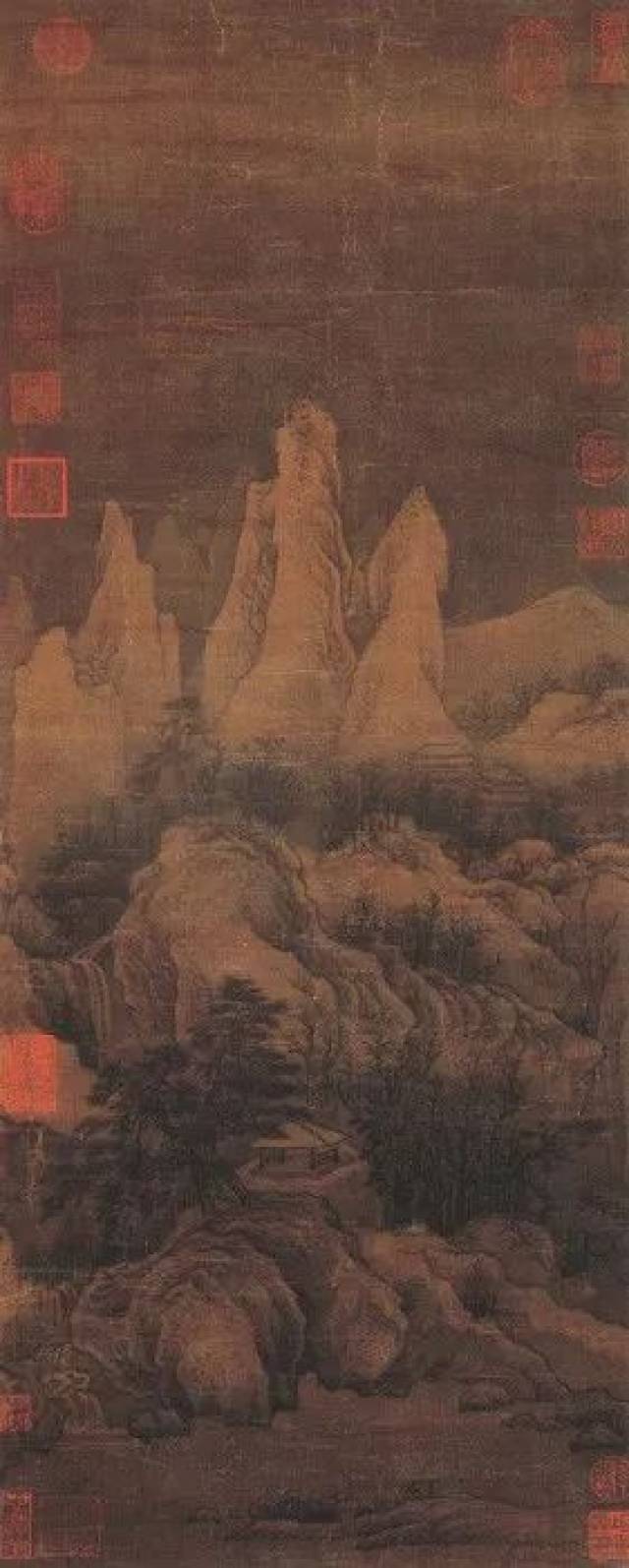 北宋時代范手絵深山風景画絹本掛軸-