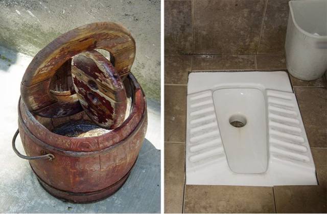 图左:在江苏省南京展出的木制马桶 / vcg 摄,图右:蹲厕 / vcg 摄