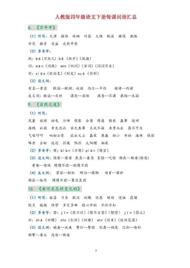 四年級下冊語文每課詞語彙總聽寫多音字近義詞反義詞