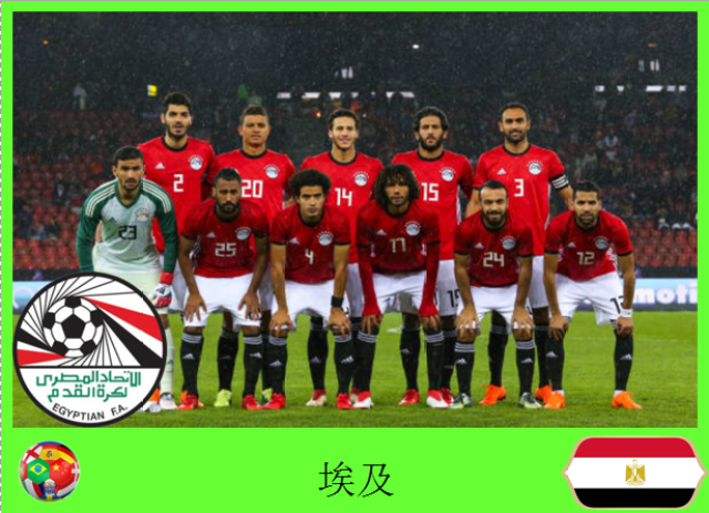 埃及国家队(a组):  同组对手:俄罗斯,沙特,乌拉圭  国家队3次入围世界