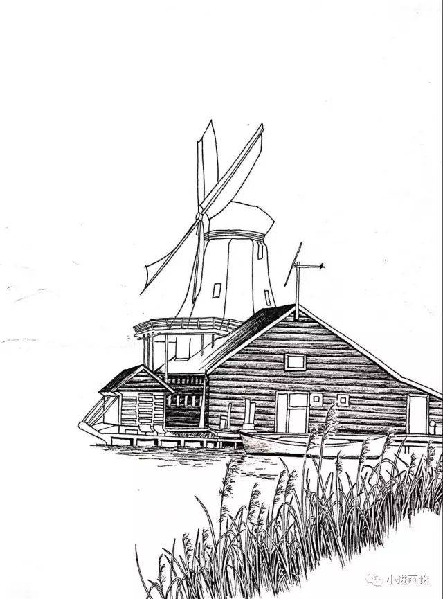 钢笔画教程 |【黑白风景绘】风车小筑