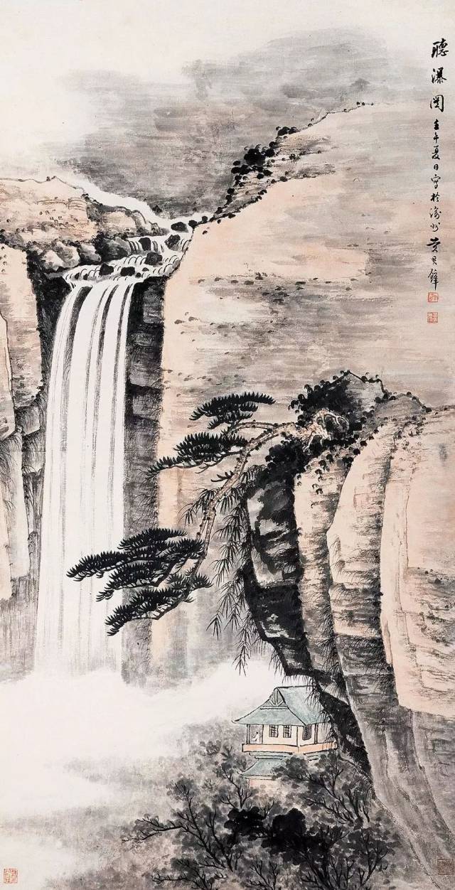 傅抱石 观瀑图 黄君璧画瀑布 黄君璧是一代山水画大师,尤以画云水瀑布