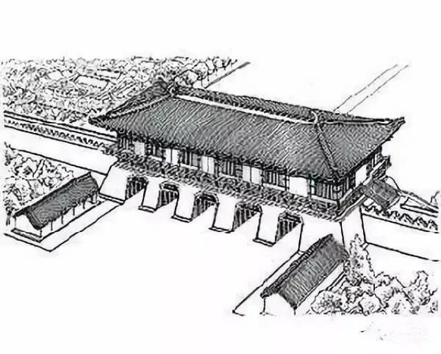 明德门复原图 唐朝末年的兵灾让这座位于长安城中轴线最南端的城门只