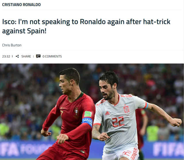伊斯科:C罗进我们三球,以后不和他说话了