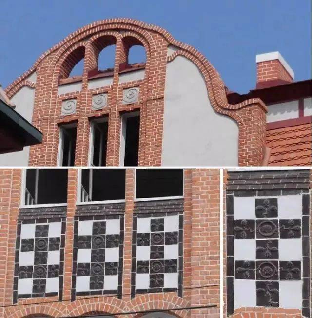 弧形立面窗框 墙面中用红褐色方砖拼成橡树叶图案 就连最标准的孟莎