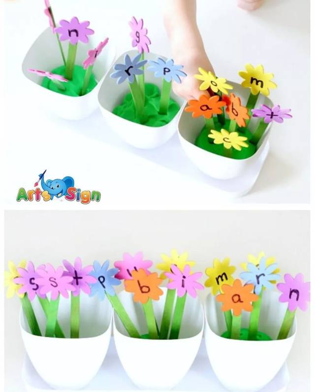 ②种朵英文花  准备材料:卡纸,雪糕棒,花盆,橡皮泥 游戏玩法:卡纸上