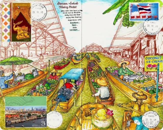 手绘泰国水上市场