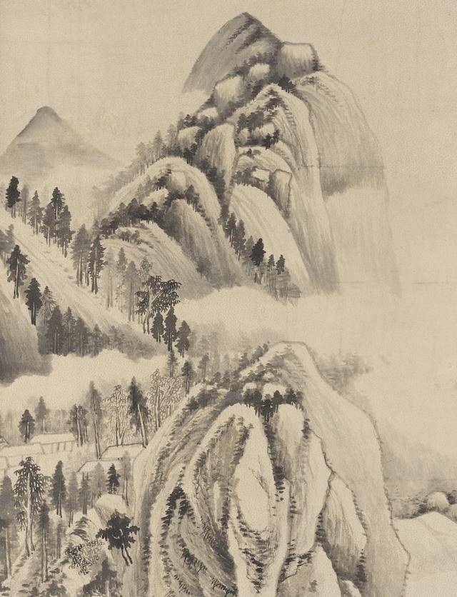 根据董其昌自题,本幅是观董源之画后追仿之作,并加入黄公望的笔意.