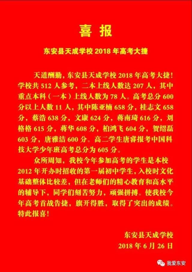 东安县天成学校208年高考大捷!总分600分以上11人