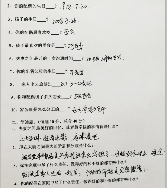 如果离婚夫妻的某一方答卷态度恶劣,对多数问题简略带过或拒绝回答