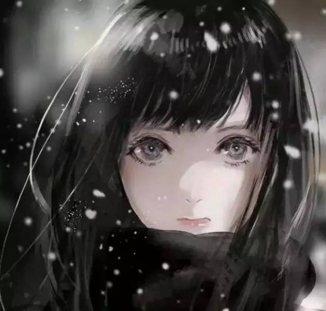 动漫头像:雪花中的黑发美少女!