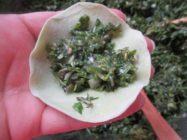 6,吧鸡蛋荠菜馅放入饺子皮上.