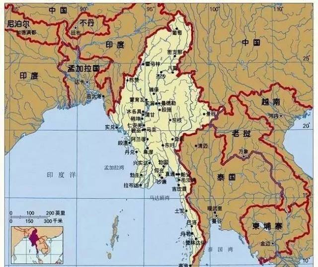 西南临安达曼海,西北与印度和孟加拉国为邻,东北靠中国,东南接泰国和