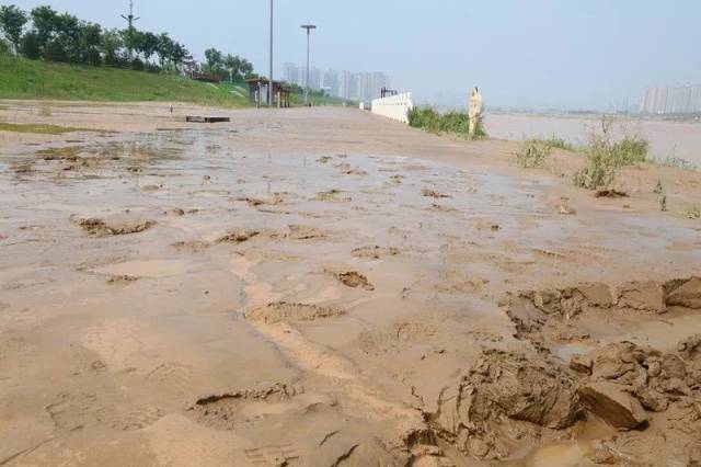 洪峰过境后多处沿河道路以及市民观光休闲提岸出现泥沙淤积