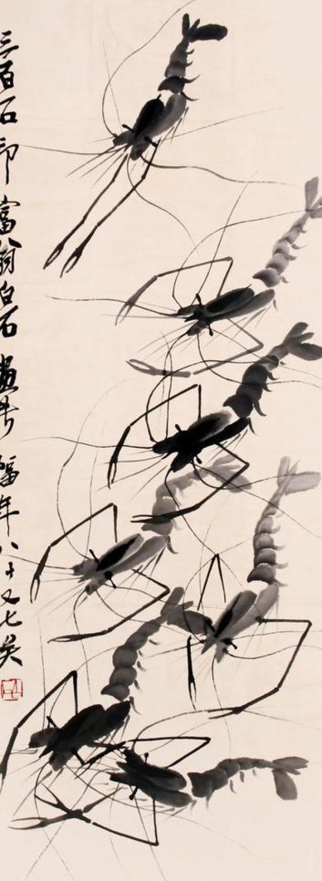 紙本 掛軸 中国画 中国近代画家【齊白石・ 墨蝦圖】水墨画・中国美術