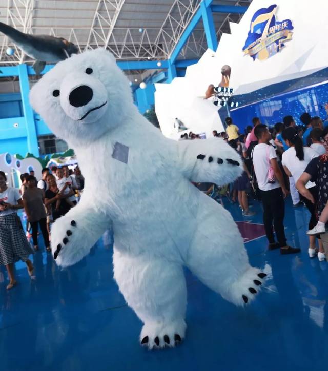 现场有奖问答    海洋人偶逗趣演出 白胖的逗乐北极熊 邀小朋友互动