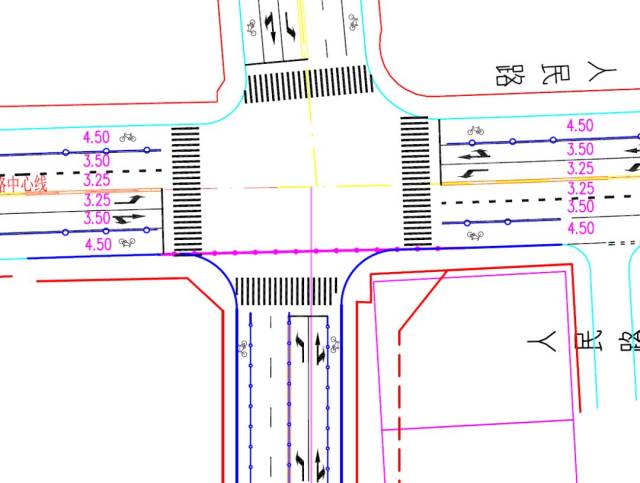 二,交通平面设计 解放一二三大街与人民路为"十"字型交叉口,交口渠化