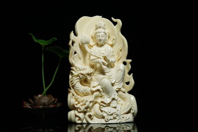 文玩 猛犸象牙工艺品 大师手工观音菩萨小摆件 猛犸牙雕冰料 一体整料