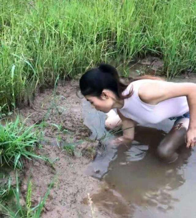 柬埔寨美女下河抓鱼图片