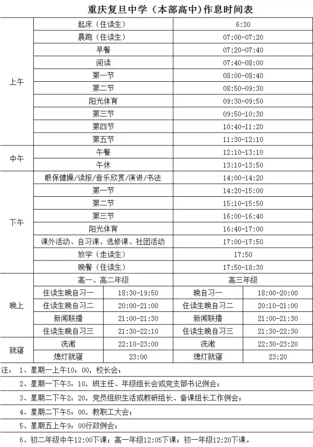 重庆热门重点初高中作息时间表汇总