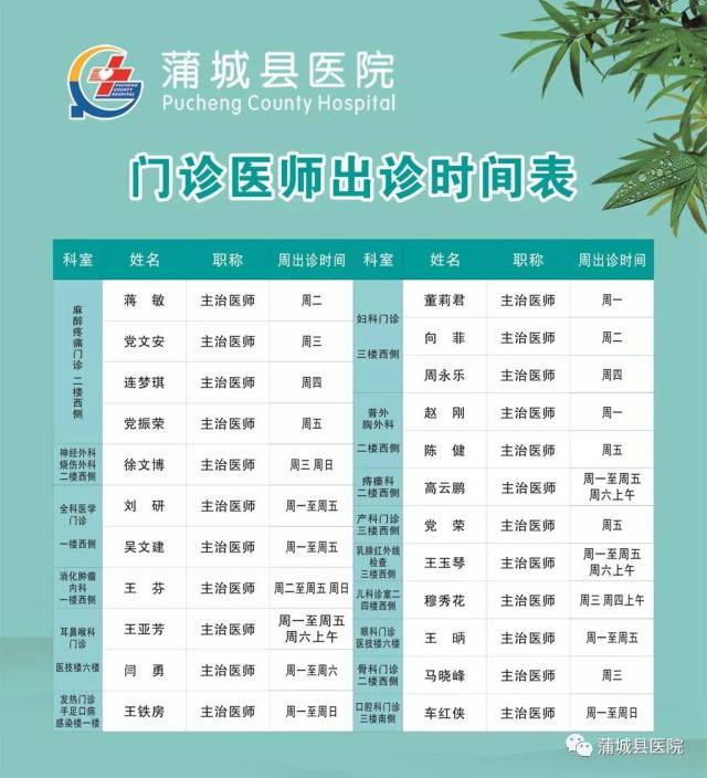 【蒲医快讯】蒲城县医院门诊专家,医师出诊一览表
