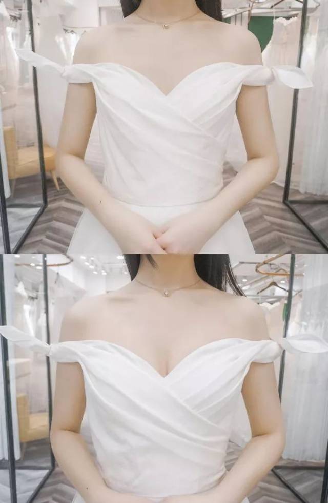 不知道大家懂不懂完全的平胸穿抹胸婚纱的尴尬,视线被集中到了胸部