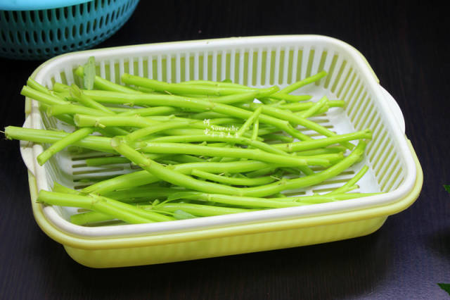采摘回来的空心菜,去叶子,去老梗,洗净,沥干水.