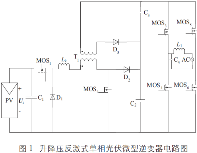 忽略后级桥式逆变电路,只考虑变换器漏感,升降压反激变换器电路如图2