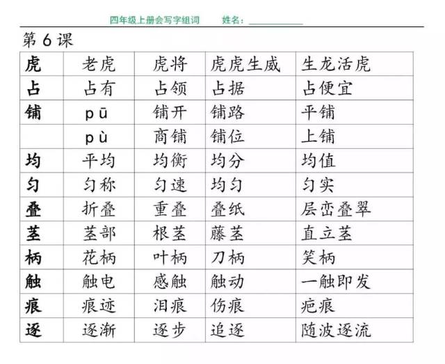 小學四年級語文各課生字組詞(帶拼音),打印給孩子預習掌握基礎180810