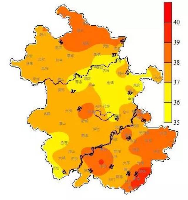 极端最高气温:全省大部在37℃以上,其中淮北东北部,江淮之间中部,沿江