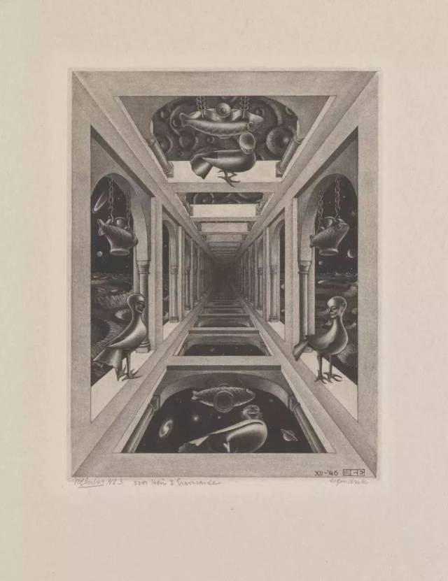 《长廊》 同样是一个空间悖论,画面表现了不同视角看到的人面鸟