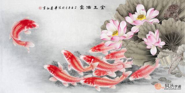 九条鲤鱼在水里游来游去有"如鱼得水"的之意,整幅画面充满了温馨和谐