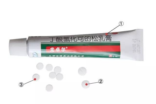 ① 尤卓尔丁酸氢化可的松软膏 ② 息斯敏氯雷他定片 ③ 扑尔敏马来酸