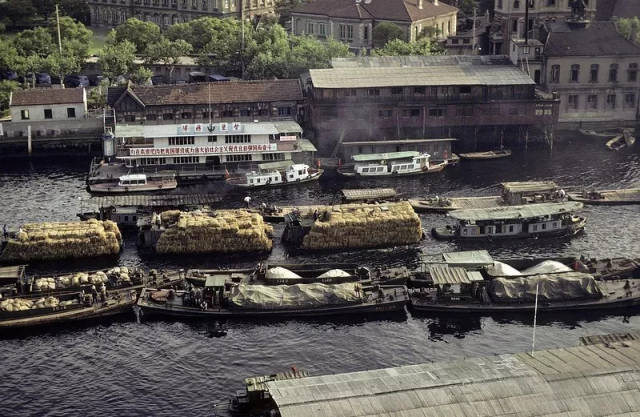 1979年的苏州河乍浦路桥河段,图中可见各类码头与船只