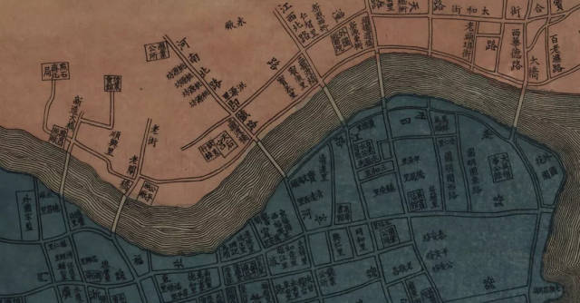 1884年上海租界城厢全图中可以在苏州河沿岸看到许多已经湮灭的地名
