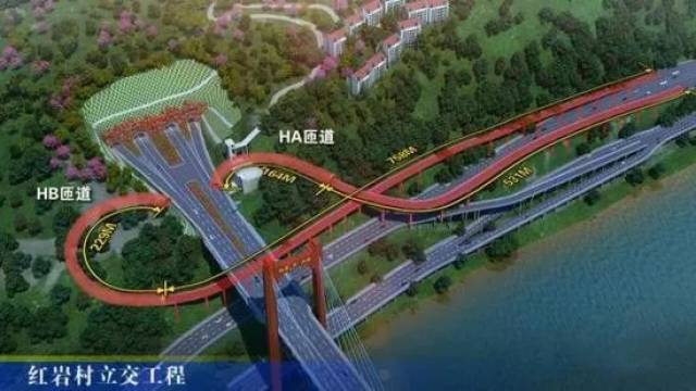 红岩村大桥有连接沙滨路和北滨路的匝道,规划图如下所示,而实际情况