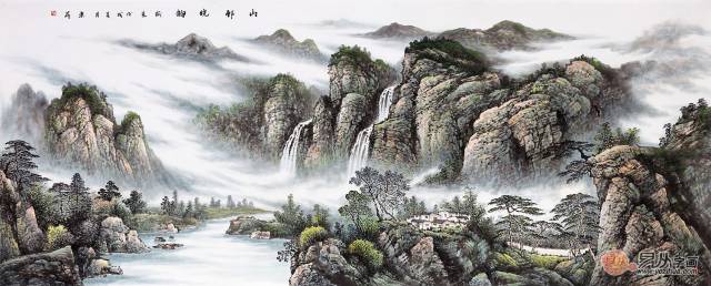 赵洪霞最新力作八尺横幅山水画作品《山邨晓韵 》 (作品出自:【易从网