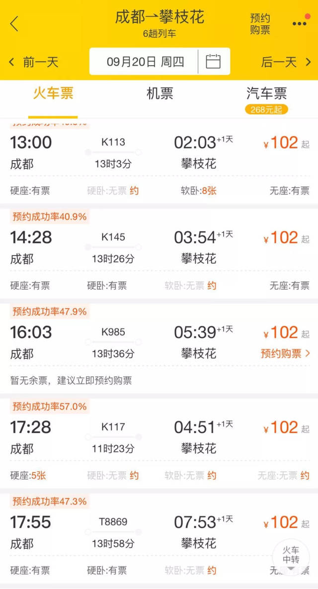 注意!9月20日起,攀枝花往返成都部分列车改为"夕发朝至"