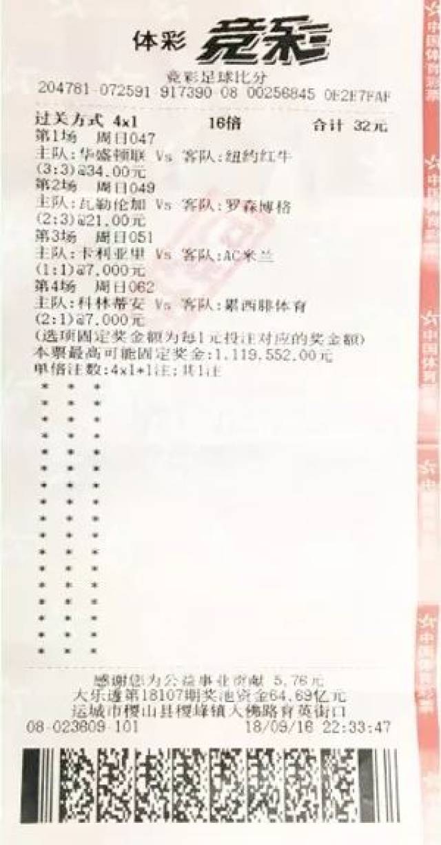 神单!投注竞彩比分4串1 高手32元中111万