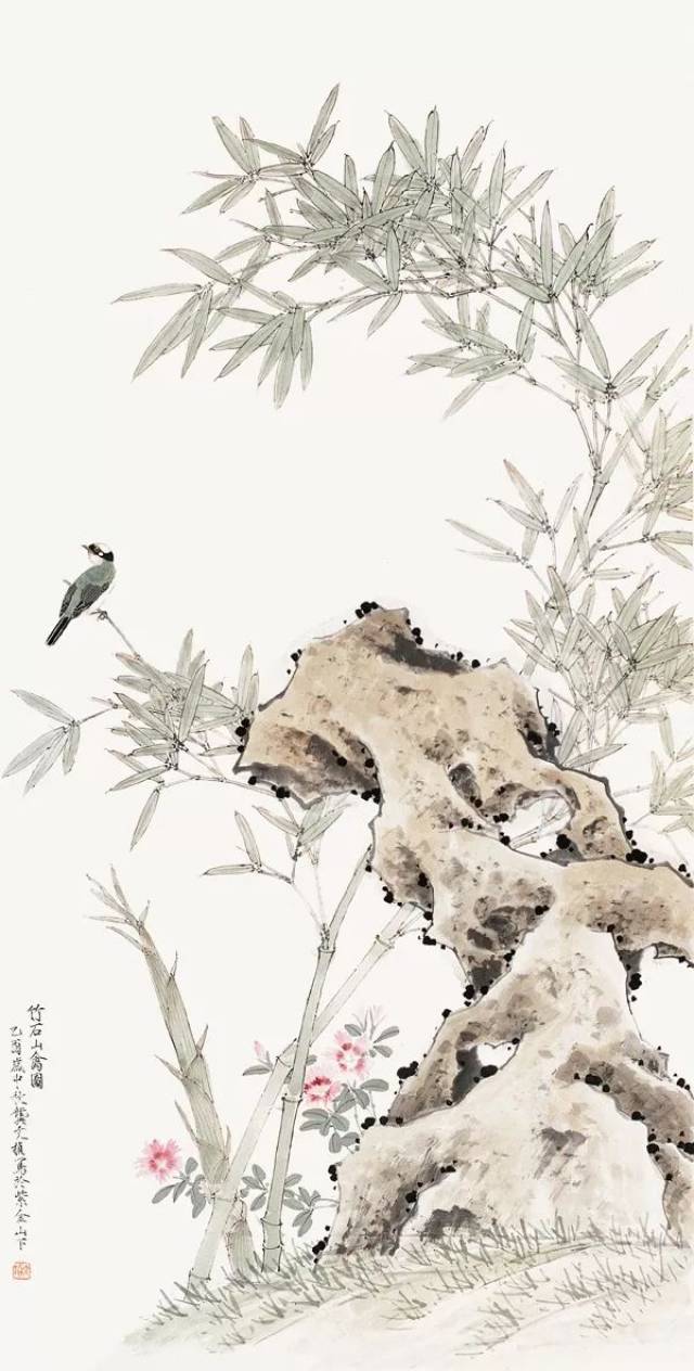 石竹山禽图130x68cm